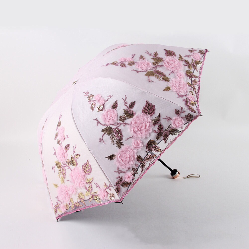 princess double layer embroidery lace umbrella parasol flower pattern UV wedding party lace sun fold umbrella for lady