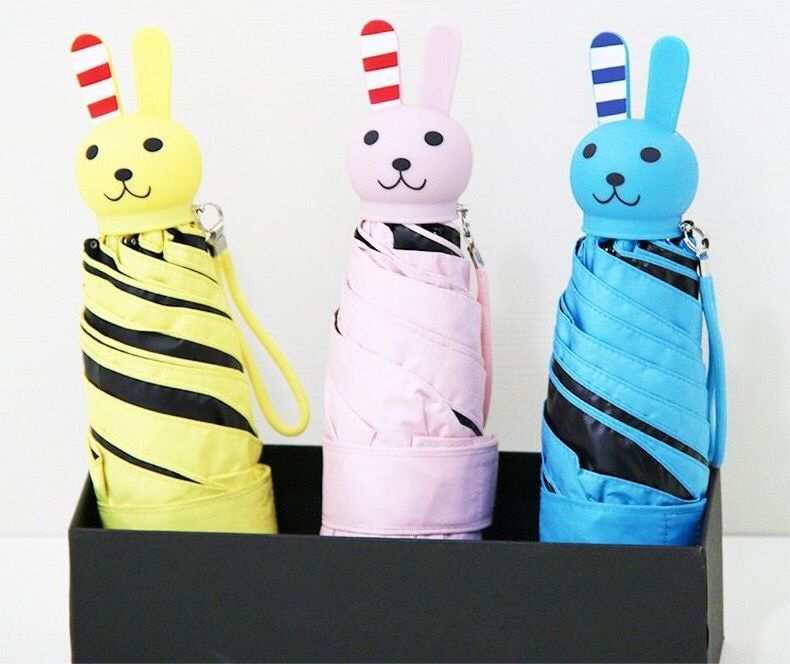 High quality 5 fold open cute cartoon umbrella UV protection penguin rabbit duck with case black gel sun umbrella parasol