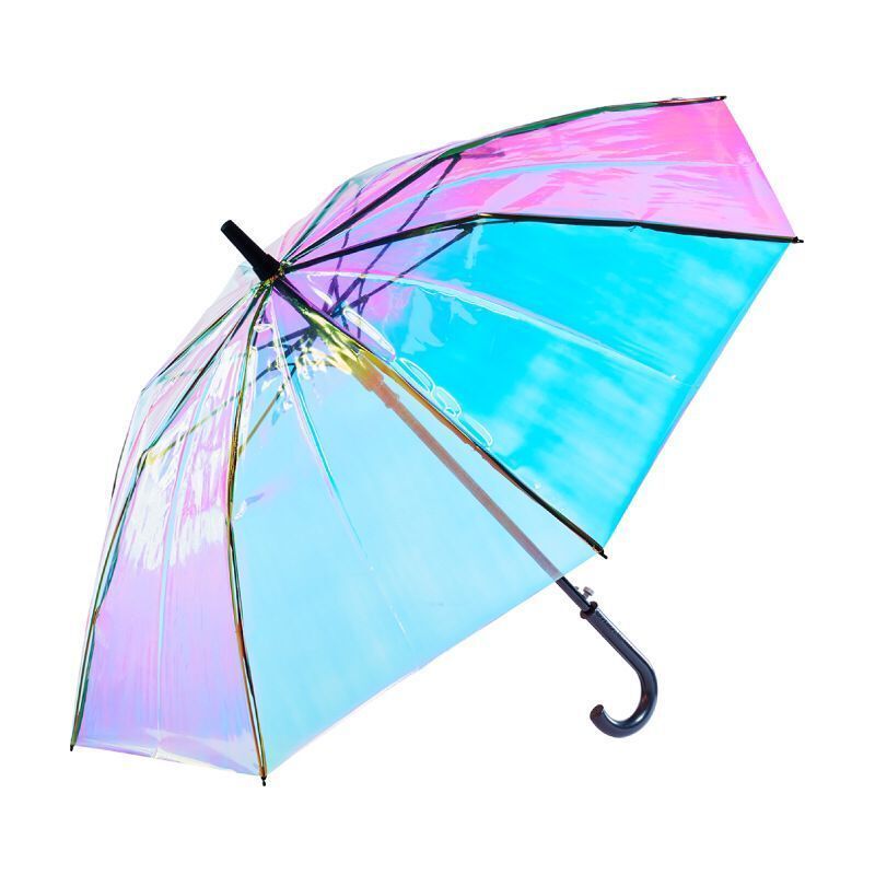 New dazzling color POE transparent umbrella thick shining auto open long handle fashion laser umbrella parasol in stock