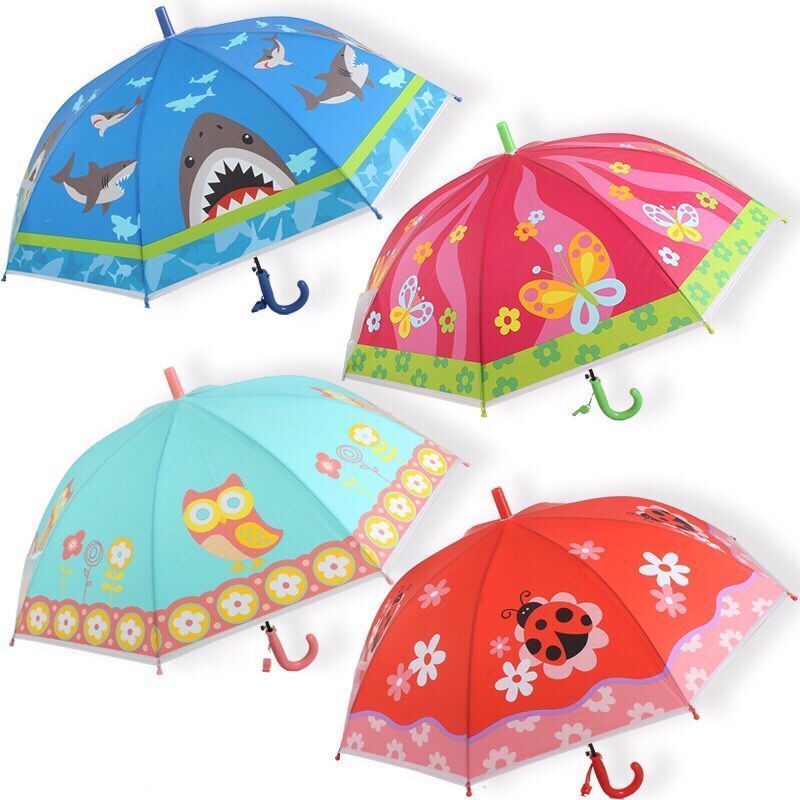 Kids cute animal POE umbrella parasol butterfly shark owl ladybird print child automatic umbrella with whistle for boys and girl