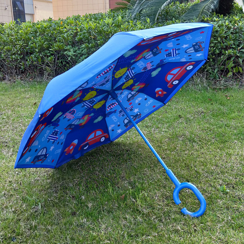 New design custom logo color handle double children reverse umbrella cartoon pattern child creative sunny  lovely kids umbrella