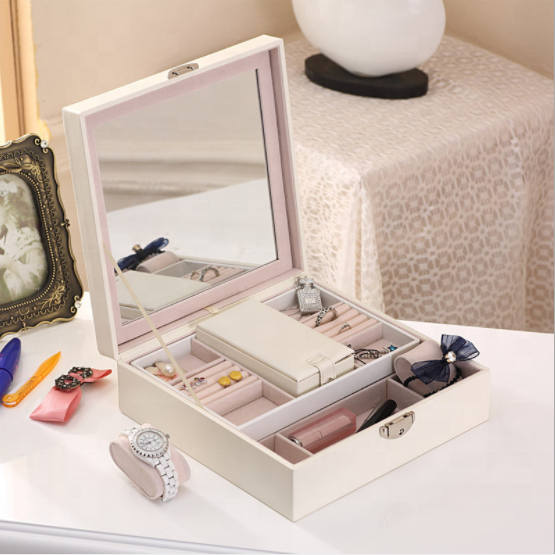 Two-Layer lint Jewelry Box Organizer Display Storage case with Lock