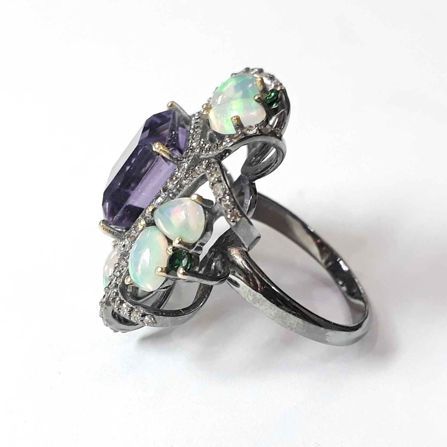 Manufacturer Manufacturing Vintage Silver Natural Amethyst Opal Emerald Gems Stone Fine Party Ring