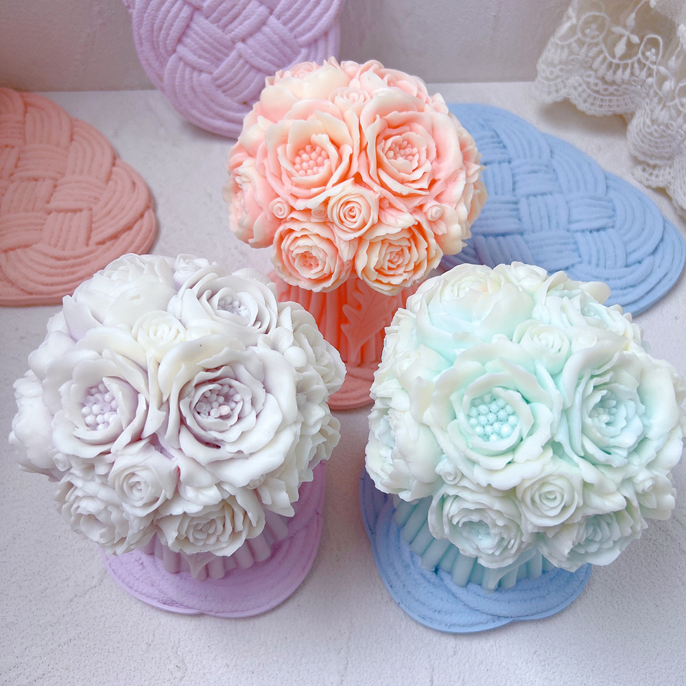 Luxury Unique Wedding Gift Table Decoration Peony Floral Bouquet Pillar Silicone Mold Flower Bouquet Candle Mold