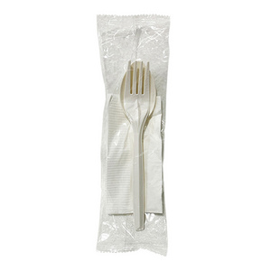 OEM Service Eco Friendly Biodegradable 7 Inch White Cornstarch Cutlery Disposable Spoon and Fork With Napkin 50sets