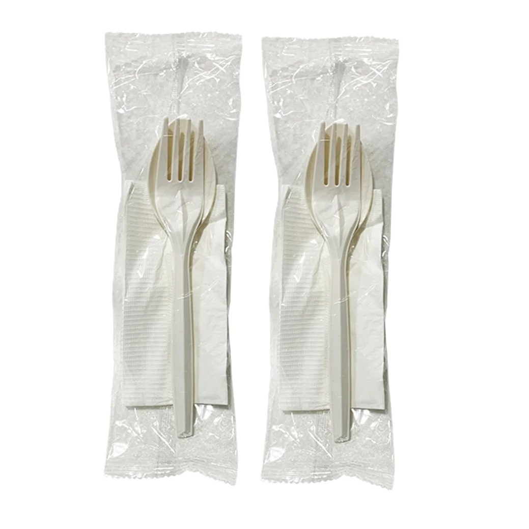 OEM Service Eco Friendly Biodegradable 7 Inch White Cornstarch Cutlery Disposable Spoon and Fork With Napkin 50sets