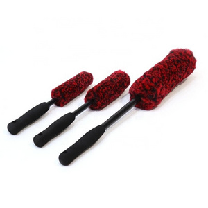 3 Pieces Red Bendable Long Handle Wool Car Washer Detailing Rim Hub Brushes Tire Tyre Cleaning Brush For Cars Care Detailing