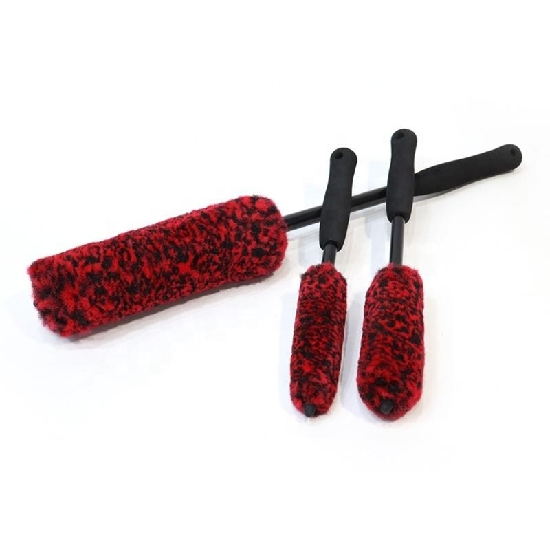 3 Pieces Red Bendable Long Handle Wool Car Washer Detailing Rim Hub Brushes Tire Tyre Cleaning Brush For Cars Care Detailing