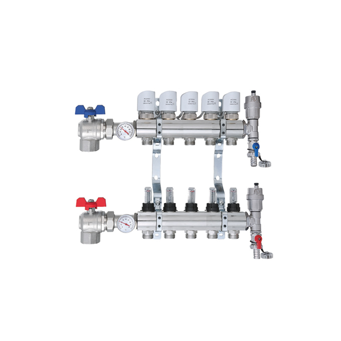 Underfloor Heating Brass Manifold With Pipe Connections Flow Meter And Automatic Valve Core