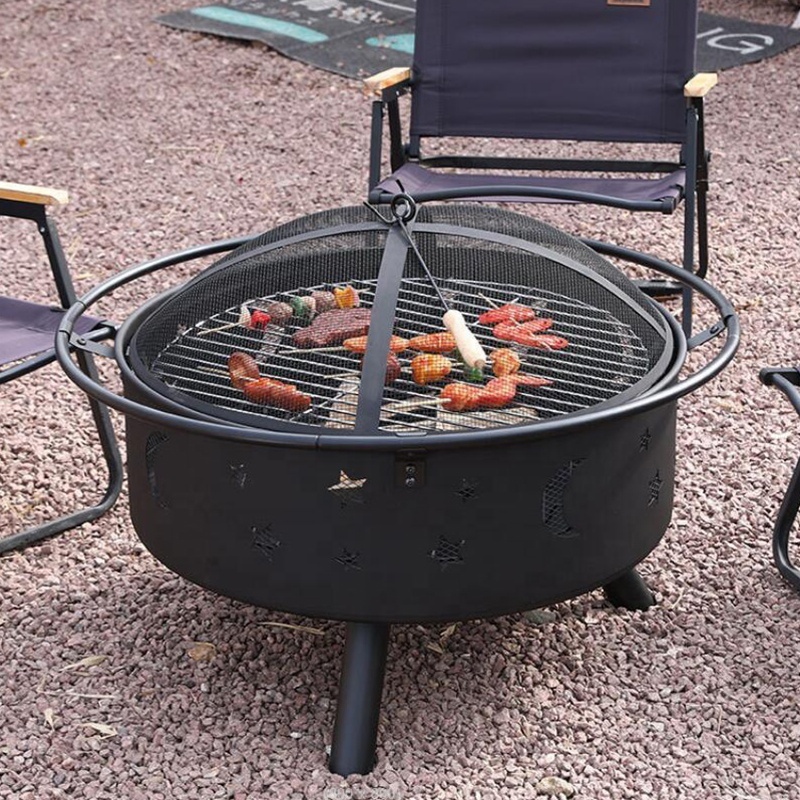 Round Bonfire Fire Bowl Wood Burning Chiminea Patio Backyard Steel Firepit with Cooking BBQ Grill Grate