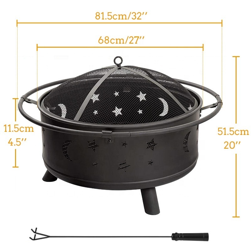 Moons Stars Outdoor Fire Pit Fireplace Large Bonfire Wood Burning Firepit Bowl for Patio & Backyard