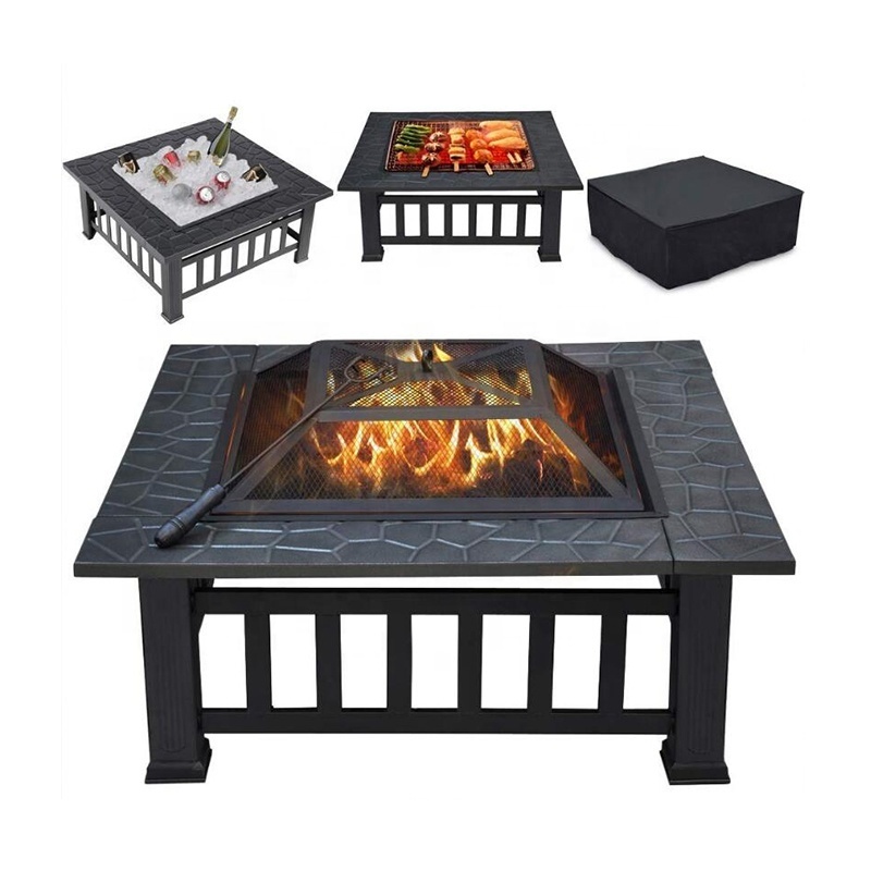 Multifunctional 32 inch Square Metal Firepit Stove Outdoor Fire Pit Table with Spark Screen