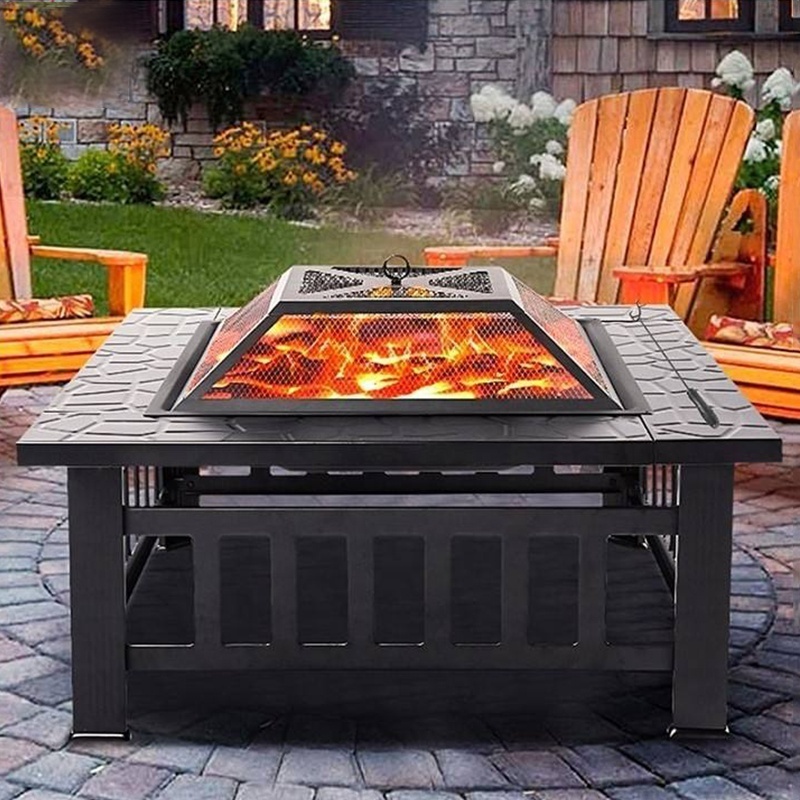 Multifunctional 32 inch Square Metal Firepit Stove Outdoor Fire Pit Table with Spark Screen