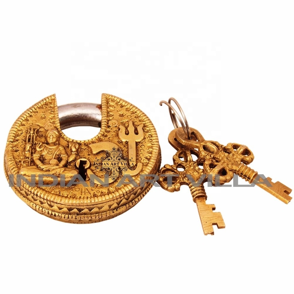 IndianArtVilla Brass Om Design Round Lock with 2 Keys  Security Lock for Temple Home Office