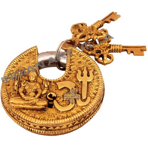 IndianArtVilla Brass Om Design Round Lock with 2 Keys  Security Lock for Temple Home Office