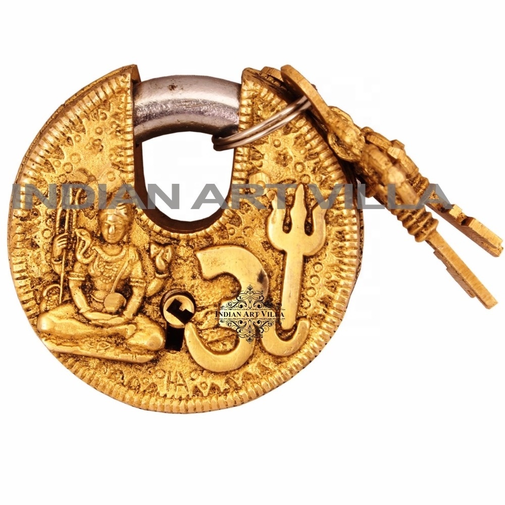 IndianArtVilla Brass Om Design Round Lock with 2 Keys  Security Lock for Temple Home Office