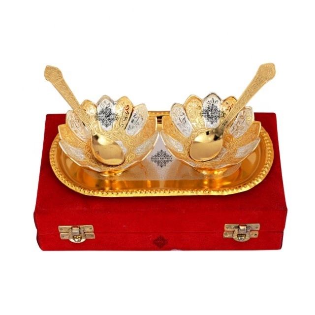 Personalized Silver Plated Bowl At Wholesale Price Silver Plated Set Of 2 Lotus Design Bowl Set With Tray Manufacturer