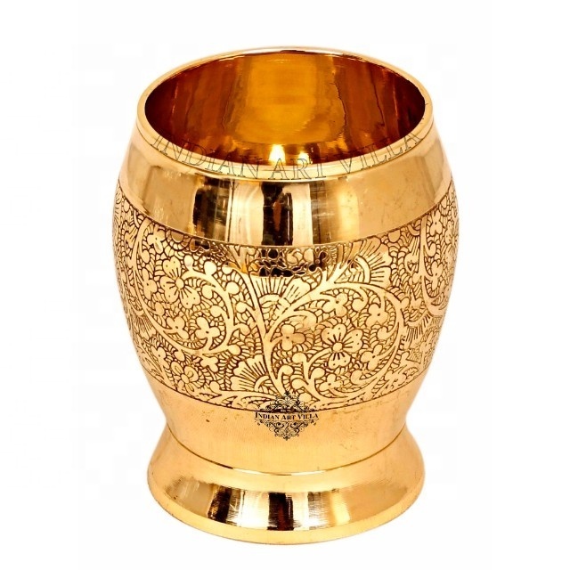 Best Quality Brass Glass For Drinking Water Brass Embossed Flower Design Glass Tumbler Manufacturer & Supplier From India