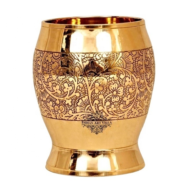 Best Quality Brass Glass For Drinking Water Brass Embossed Flower Design Glass Tumbler Manufacturer & Supplier From India