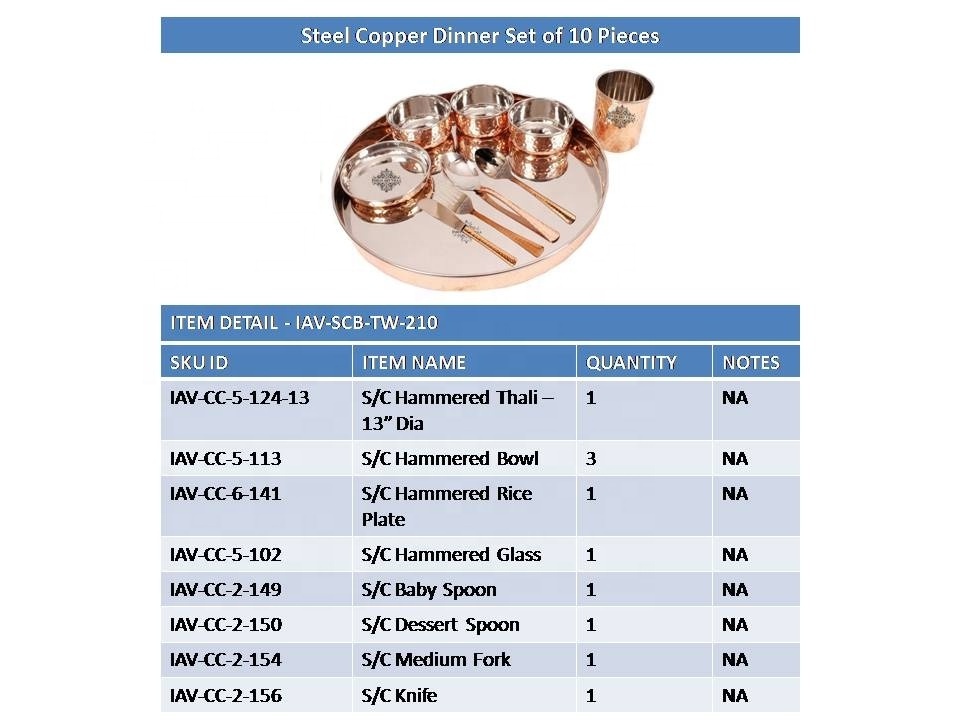 Indian Dinnerware Stainless Steel Copper Traditional Dinner Set Of Thali Plate|bowls|glass And Spoon At Wholesale Price