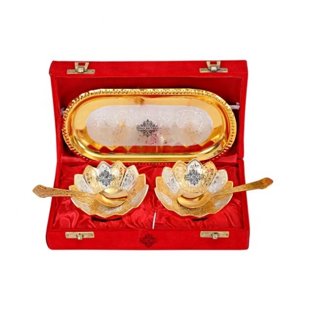 Personalized Silver Plated Bowl At Wholesale Price Silver Plated Set Of 2 Lotus Design Bowl Set With Tray Manufacturer