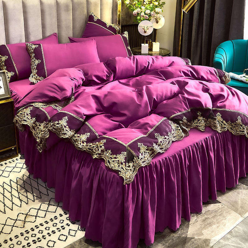 Custom high quality Custom luxury embroidery bed skirt set home high quality polyester fabric bed skirt bedding set Duvet set