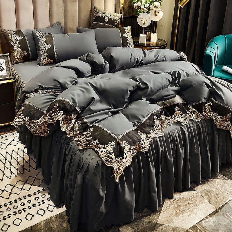 Custom high quality Custom luxury embroidery bed skirt set home high quality polyester fabric bed skirt bedding set Duvet set