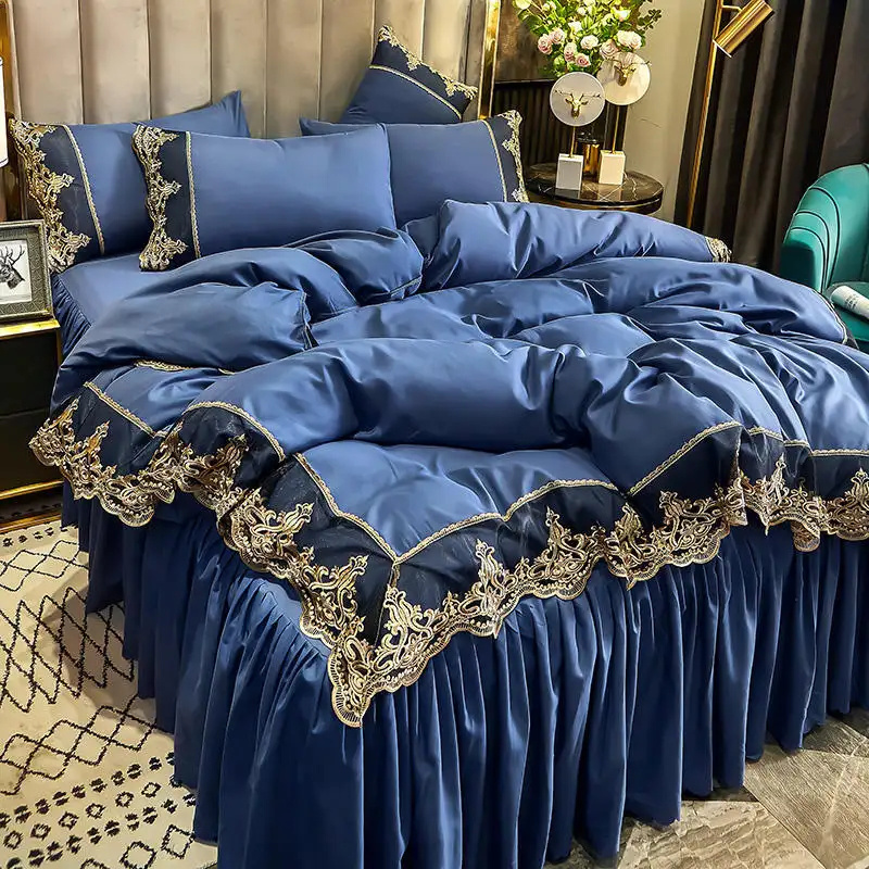 Custom high quality Custom luxury embroidery bed skirt set home high quality polyester fabric bed skirt bedding set Duvet set