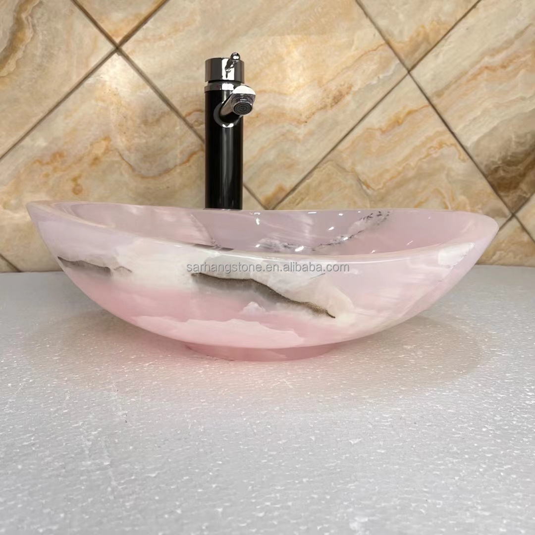 Luxury Design Pink Onyx Stone Wash Basin Natural Marble Countertop Sink for Hotel