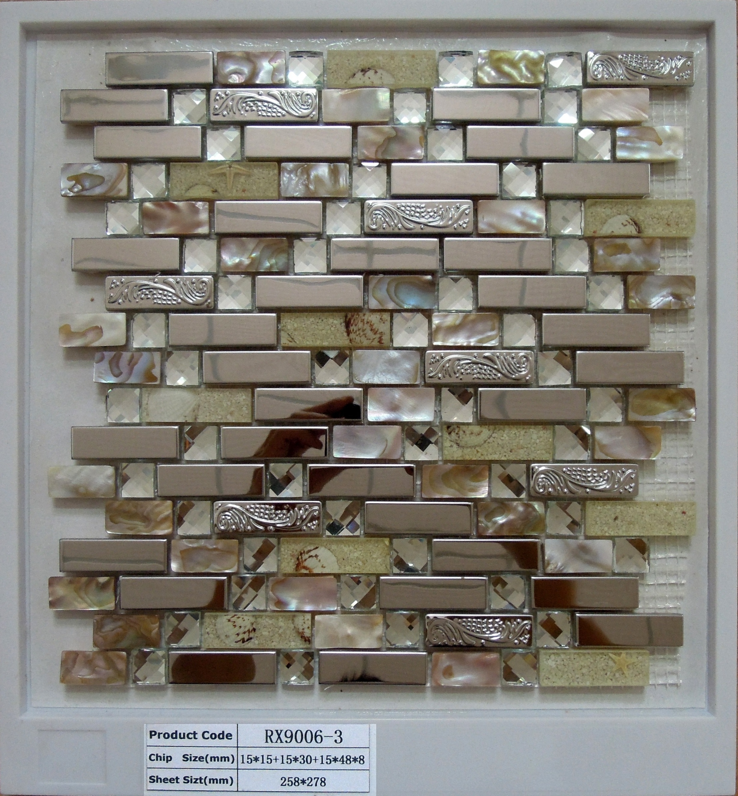 stainless steel metal, shell, glass and stone mosaic tiles for wall kitchen backsplash