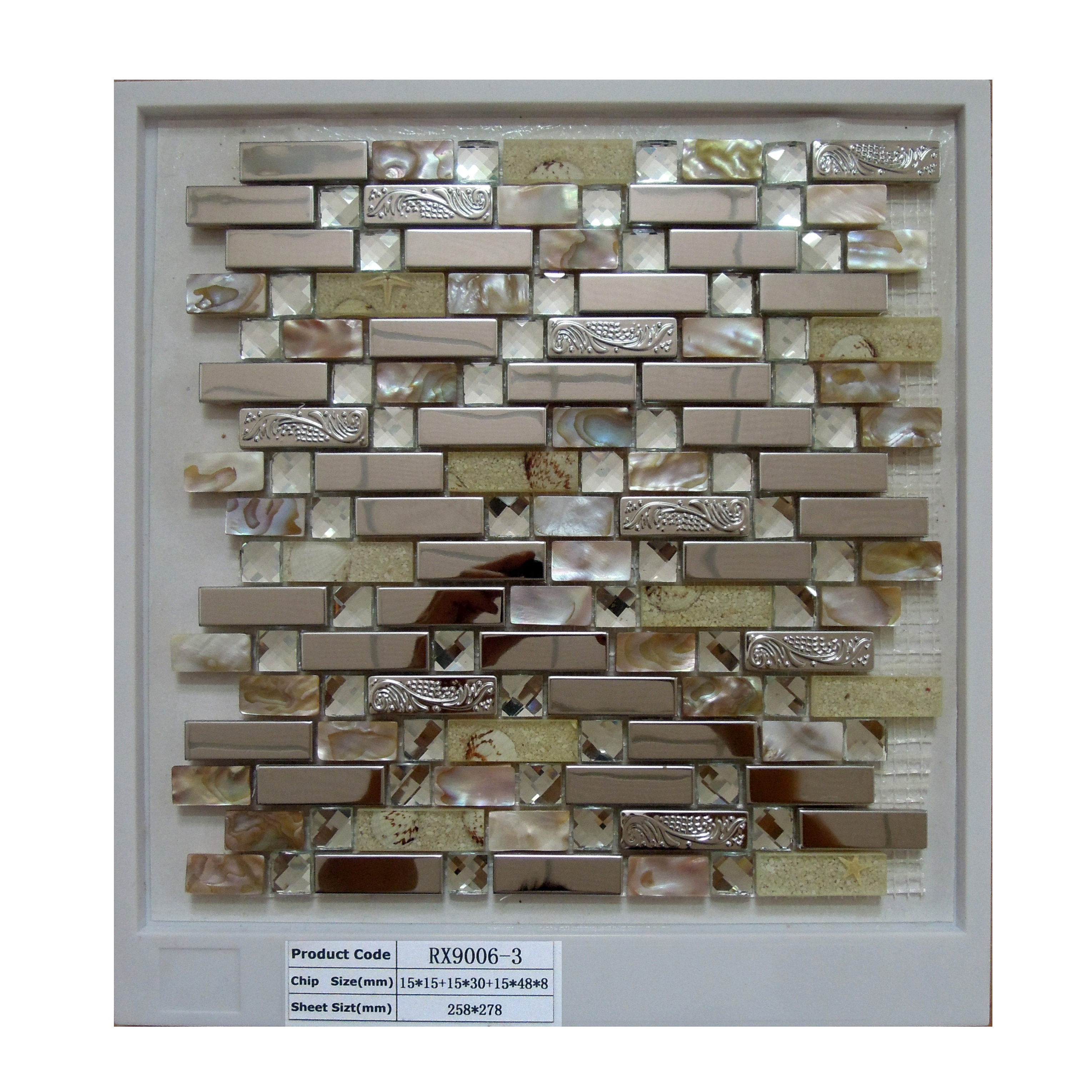 stainless steel metal, shell, glass and stone mosaic tiles for wall kitchen backsplash