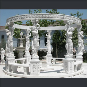 Garden ancient greek style  White Stone Marble Gazebo Sculpture with Wrought steel Roof