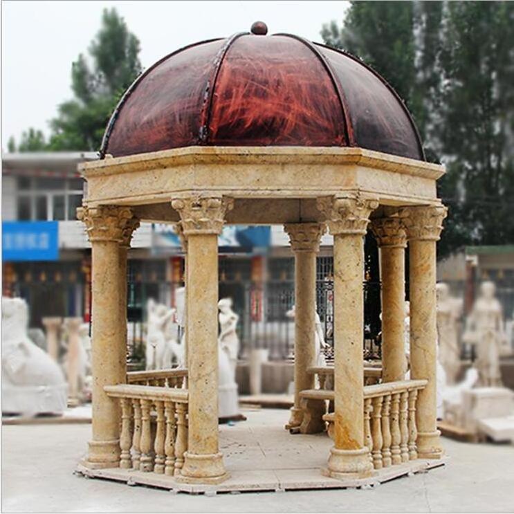 Garden ancient greek style  White Stone Marble Gazebo Sculpture with Wrought steel Roof