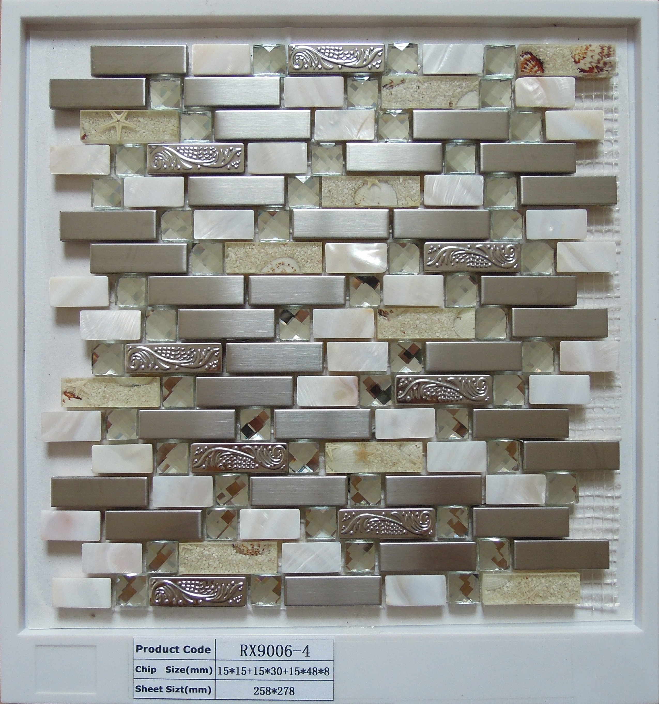 stainless steel metal, shell, glass and stone mosaic tiles for wall kitchen backsplash