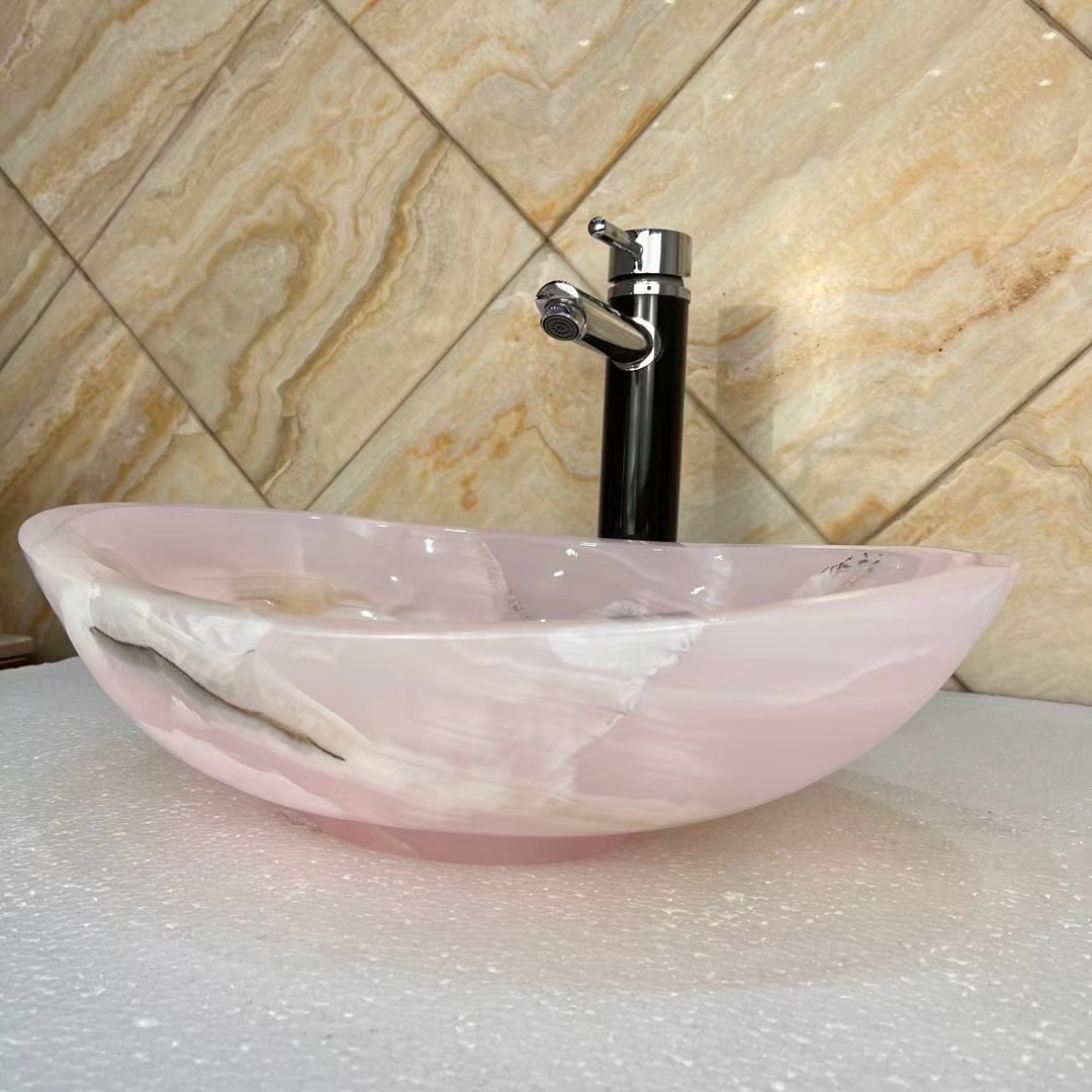 Luxury Design Pink Onyx Stone Wash Basin Natural Marble Countertop Sink for Hotel