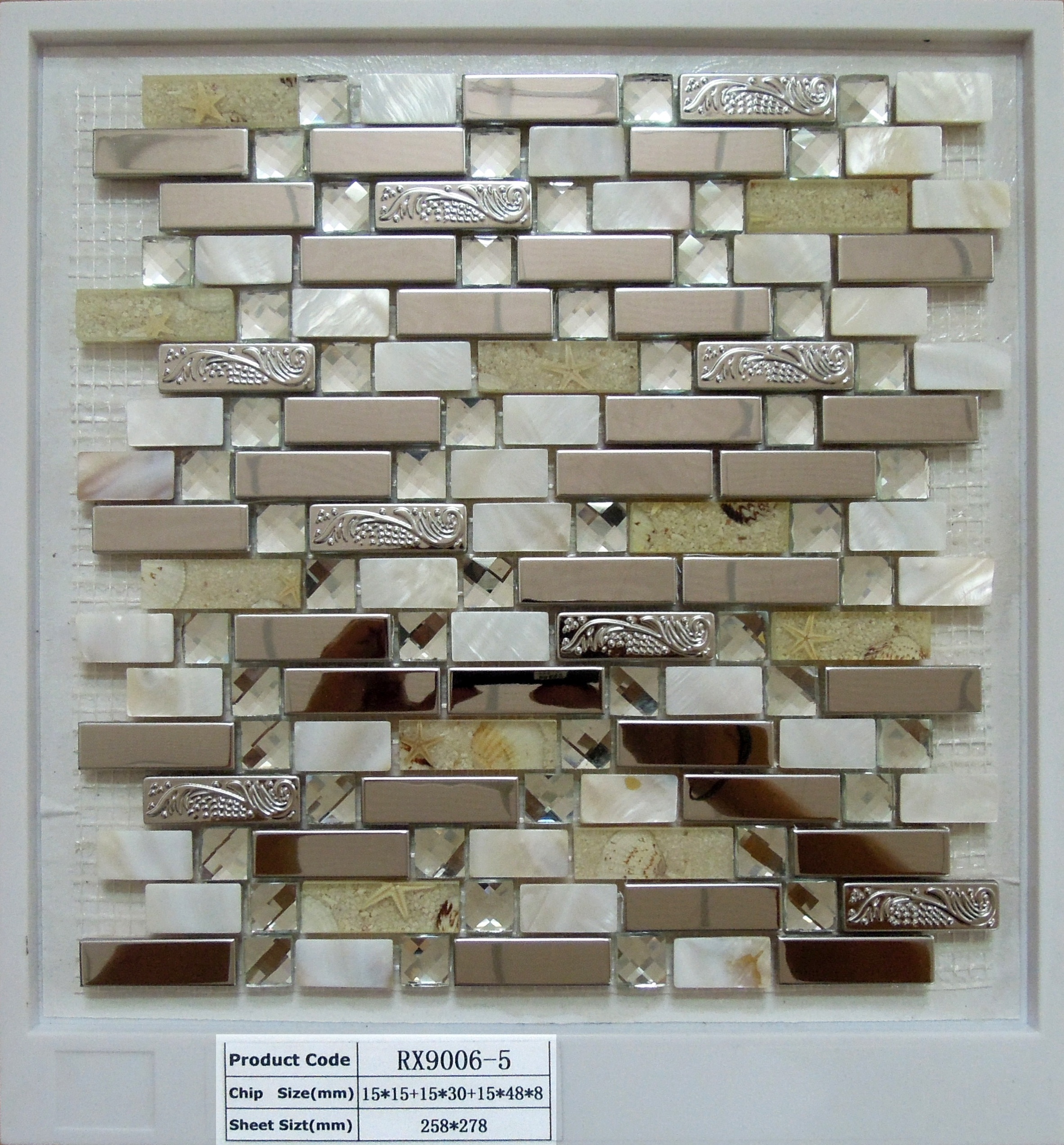 stainless steel metal, shell, glass and stone mosaic tiles for wall kitchen backsplash