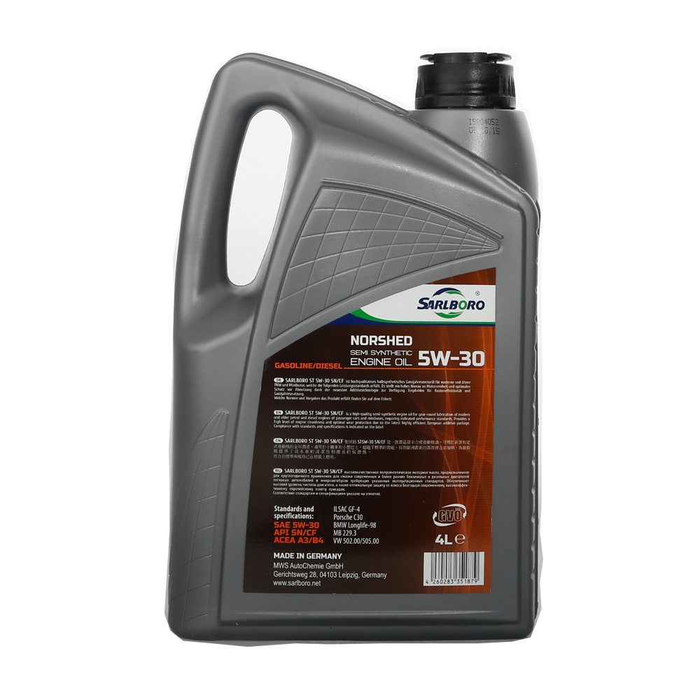 Brand name: Sarlboro- Norshed Semi Synthetic Lubricating Oil 5W-30 German oil