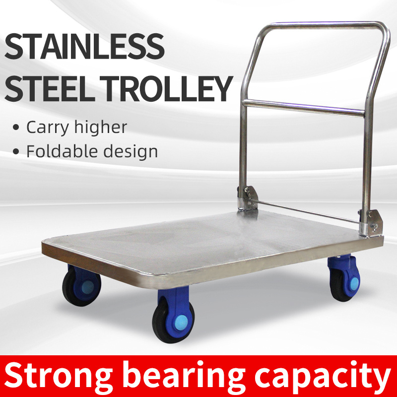 Anti-Corrosion Anti-Rust Cold Storage Trailer Seafood 201 Stainless Steel Platform Flatbed Hand Trolley Cart For Hospital