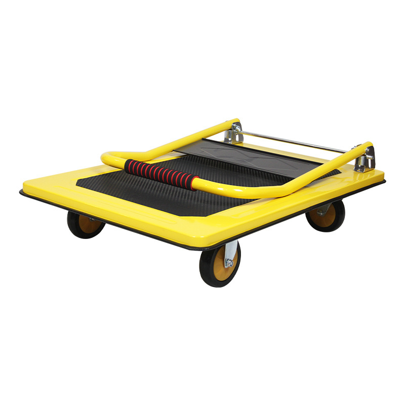 Iron Yellow Folding 4 Wheels 400kg Heavy Capacity Flat Bed HAND CART Trolley Low Bed Platform Trailer