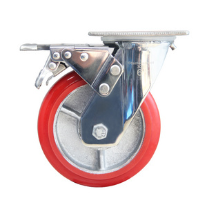 6inch heavy duty caster Korean style iron core PU Red casters with 304 stainless steel bracket heavy duty wheels for workbench