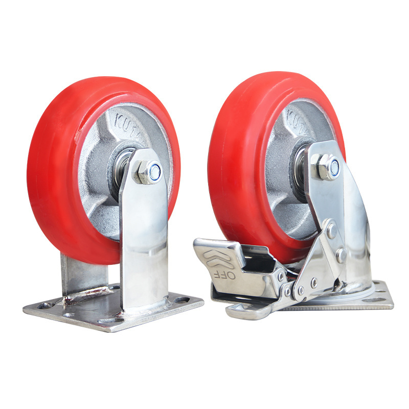 4inch heavy duty caster Korean style iron core PU Red casters with 304 stainless steel bracket All Terrain Castor Wheels