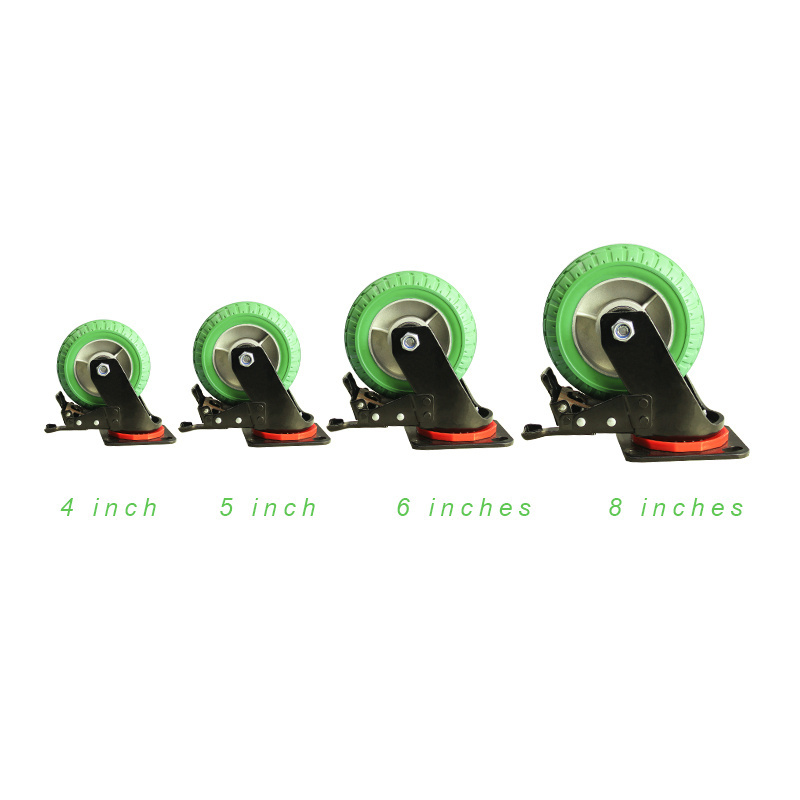 8In Green Aluminum Core Rubber Wheels Trailer Casters Traction Work Rolling Heavy Duty Threaded Casters