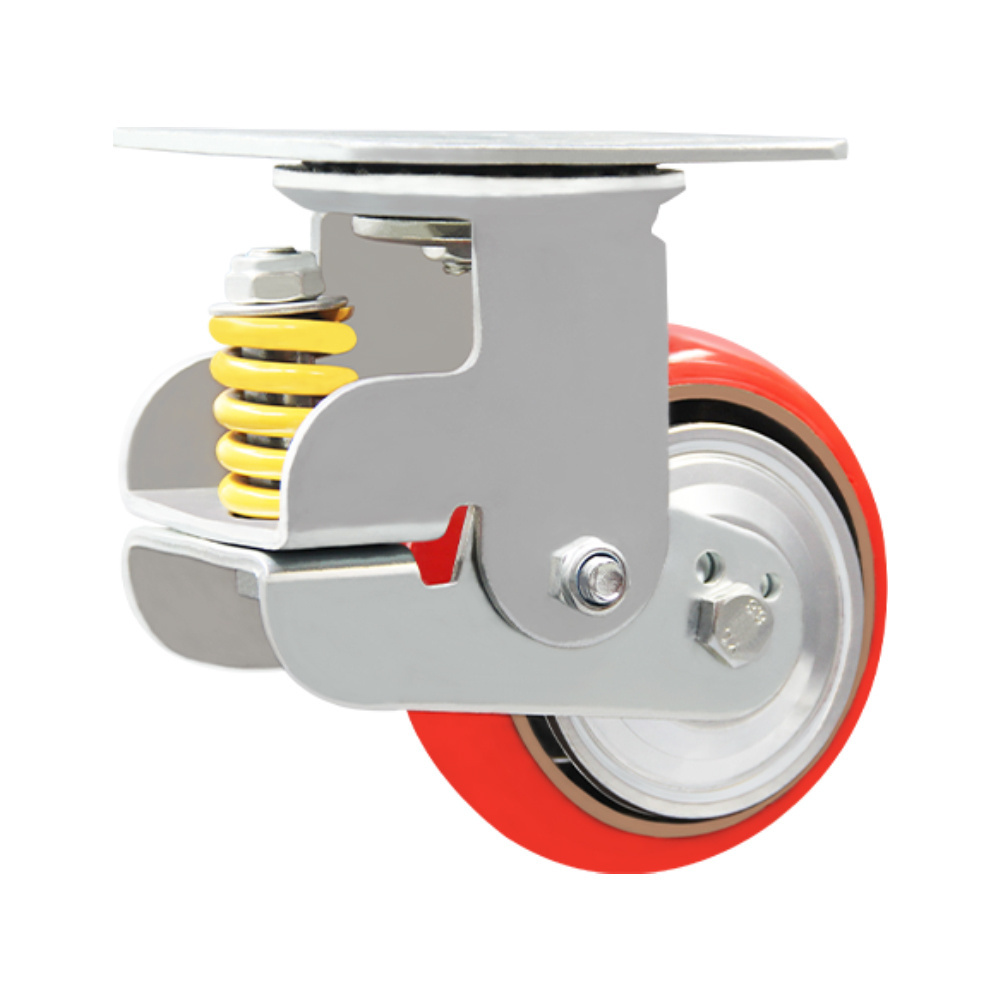 Red Heavy Duty Iron Core Pu Caster Spring Shock Absorbing Sprung 500kg Maximum Load Capacity Swivel Castors Wheels For Sale