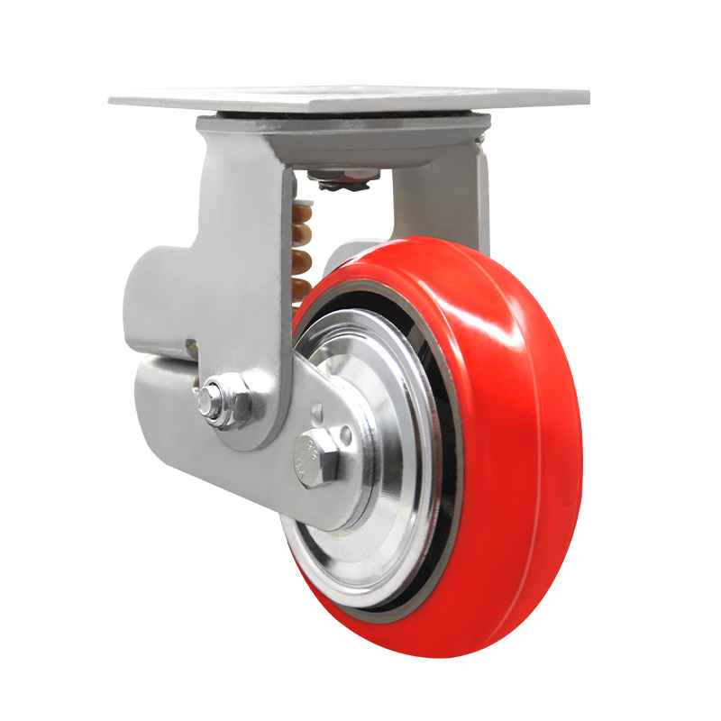 Red Heavy Duty Iron Core Pu Caster Spring Shock Absorbing Sprung 500kg Maximum Load Capacity Swivel Castors Wheels For Sale