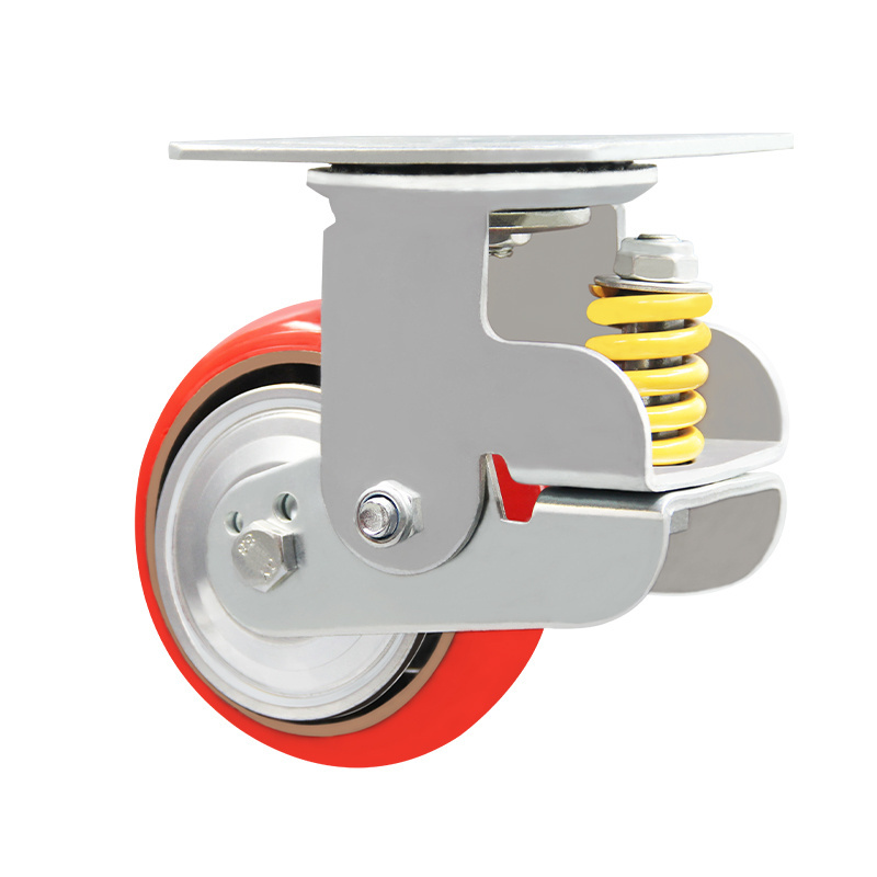 Red Heavy Duty Iron Core Pu Caster Spring Shock Absorbing Sprung 500kg Maximum Load Capacity Swivel Castors Wheels For Sale