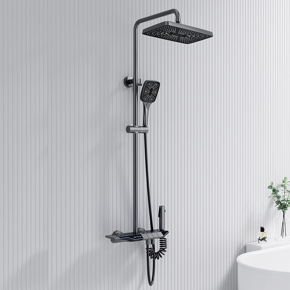 2024 Copper Intelligent Thermostatic Shower Set LED Digital Display Piano Keys Black Rainfall Bath Shower Faucet System Set