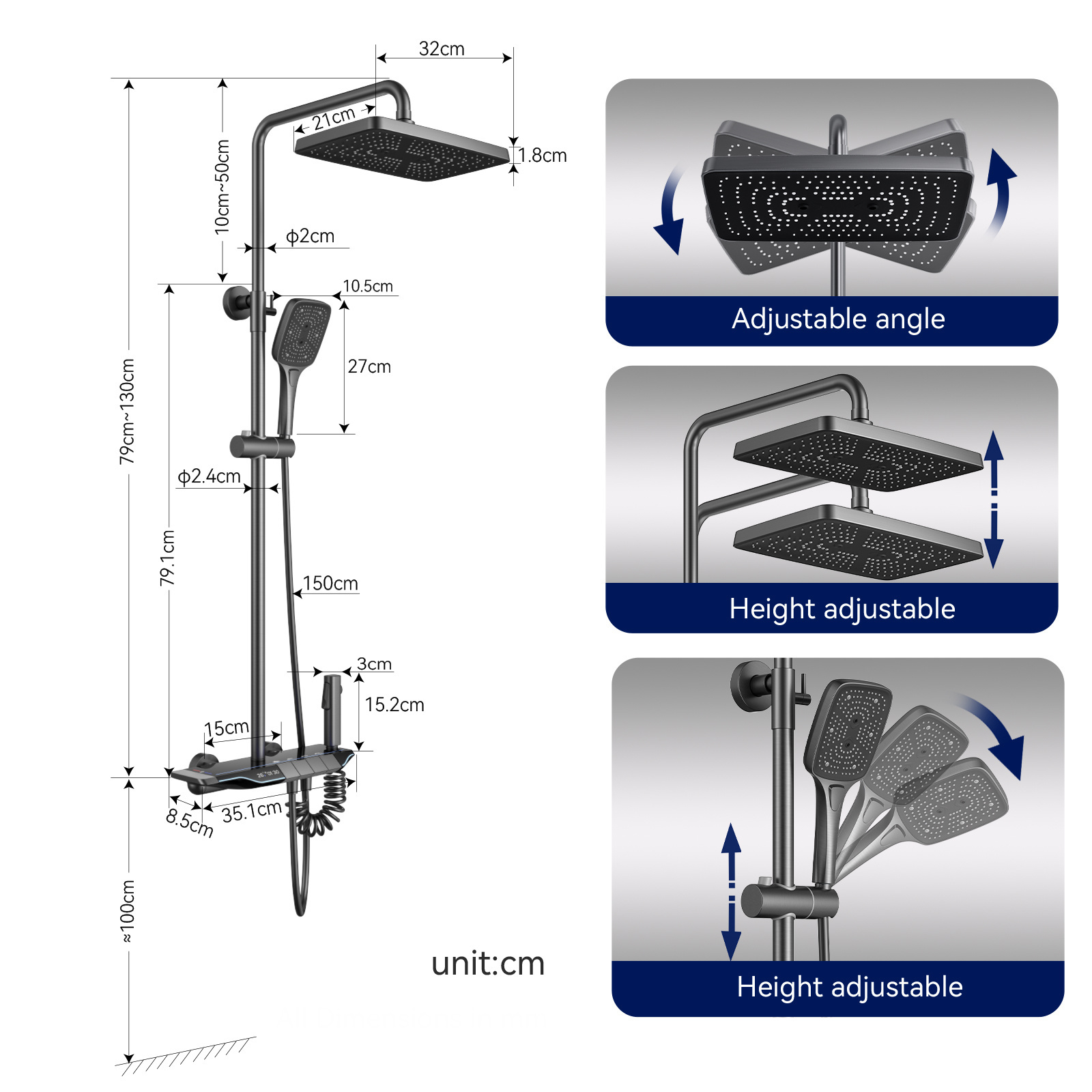 2024 Copper Intelligent Thermostatic Shower Set LED Digital Display Piano Keys Black Rainfall Bath Shower Faucet System Set