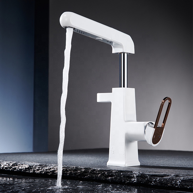 Top Sales Style Pull-Out Lifting Sink Water Tap Mixer Led Bathroom Digital Basin Faucet With Sprayer Rainfall Waterfall