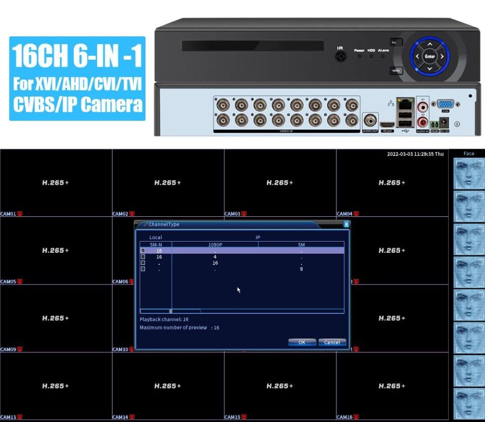 Xmeye 8CH 16CH 5MP DVR HVR Coaxial Audio AHD Hybrid 6 In 1 H.265 AHD DVR for P2P On-vif 5MP 1080P TVI CVI CVBS CCTV IP Camera