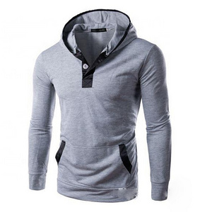 Solid Colored Slim Fit Men's Button Up Collar Hoodie Jacket In Sweatshirt Fabric With Kangaroo Pockets